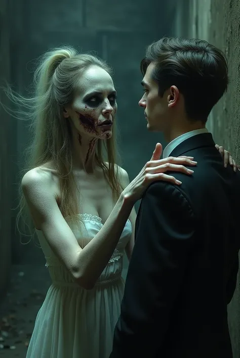 A rotten-skinned female ghost tries to touch a handsome man