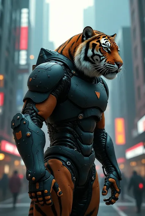 Cyberpunk image tiger with robotic gear, beside view, in modern city