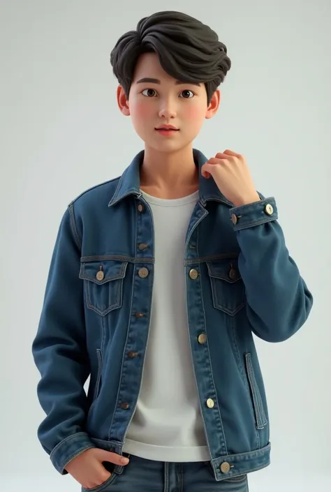 Adult boy wearing denim jacket shoulder hand style