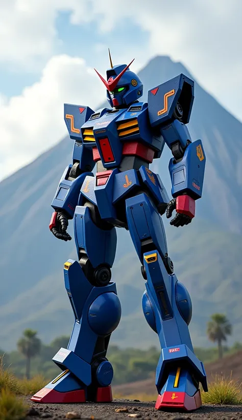 Philippines: Design a dynamic, modern combat robot mainly blue, with red and yellow details, symbolizing resilience and pride. Place it before Mount Mayon, capturing the contrast between mechanical strength and natural power.