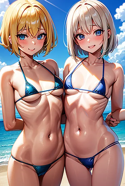  Blushing , Blonde,  shortcuts,Short Hair, bangs between eyes, Metallic blue micro bikini,Very small breasts,Character portrait, T-back , high resolution on down, smile,  open your mouth ,  stick out your tongue, Very small micro bikinis２ girls