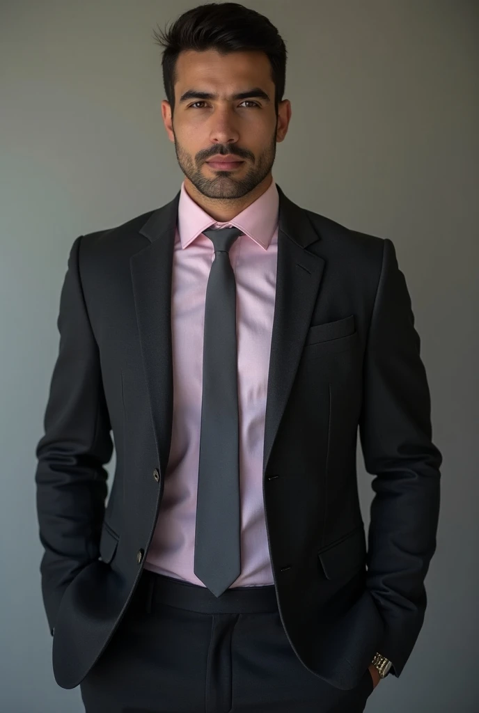  Argentinian mens suit ,  dark grey suit,  Light pink shirt, without vest, grey tie,  Simple background