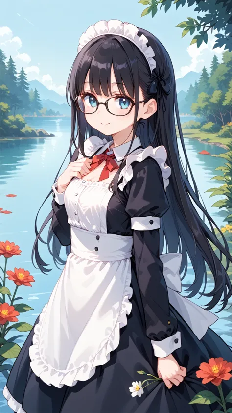 Black Hair, long hair,Glasses,  maid clothes,Lake Yamakami ,湖畔の別荘, Caring for flower beds, high resolution on down  , 最高quality, Accurate, 高quality, quality,   very detailed,
