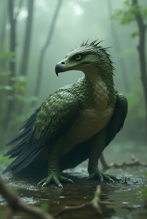  Imagine a creature that combines the strength of an eagle with the ferocity of An alligator.  It has the slender body and powerful wings of an eagle ,  but with a skin covered with thick scales , green and irregular .  Its head is an impressive fusion ,  ...