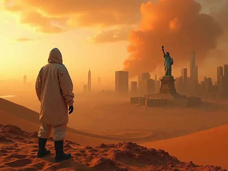 Panoramic view of sand buried New York City ruined deserted by nuclear war, desert hills, smog, beautiful sand patterns, A person wearing radiation protective clothing, red sky, heavy smog, collapsed broken Statue of Liberty buried in desert, view from hig...