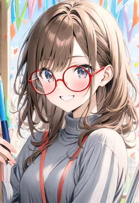 ((style:Colored pencil,pale colour)),(anime), (masterpiece:1.2),1girl, brown hair, black eyes, ((red round eyewear)), smile, blushful, BREAK Please make the best girl with glasses you think.Celebrate a birthday.