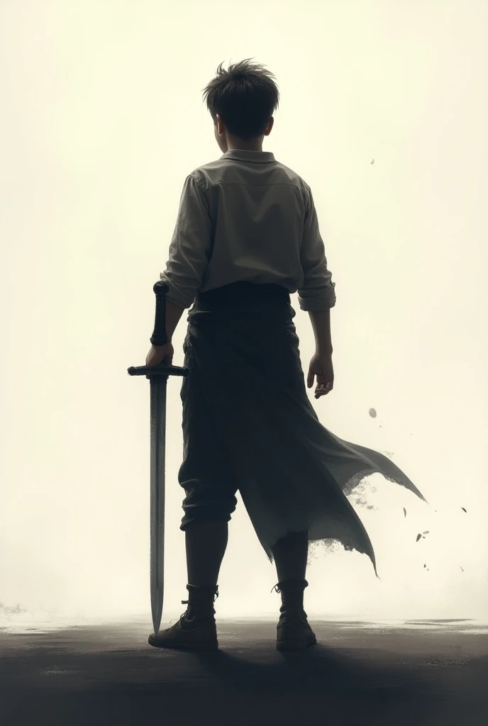 a simple outline of boy who stood with a sword and we see only his back 