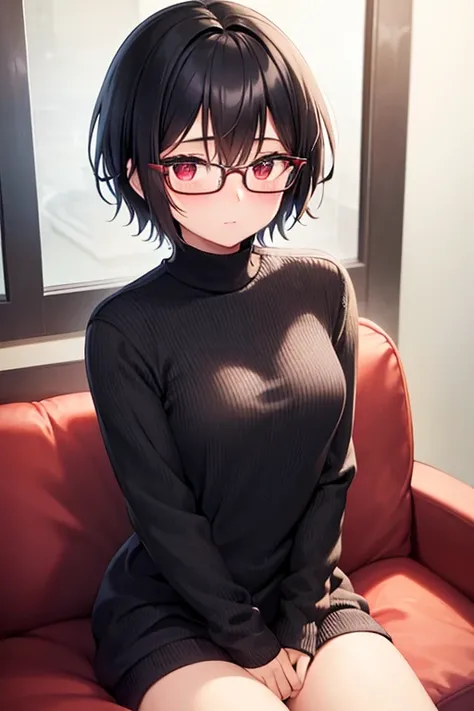  short stature 、Small breasts、Black Hair、 short hair、Glasses、 knitted sweater、 on the sofa、 cute、blush、 Red Eye、living 、 very detailed,Best Quality,Precision,correct、masterpiece, High image quality, 1 person、 high resolution on down, 