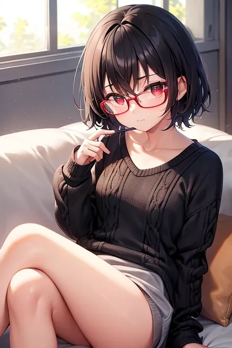  short stature 、Small breasts、Black Hair、 short hair、Glasses、 knitted sweater、 on the sofa、 cute、blush、 Red Eye、living 、 very detailed,Best Quality,Precision,correct、masterpiece, High image quality, 1 person、 high resolution on down, 