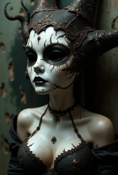 Artwork of a magnificent ((scary and gloomy)), ((broken)), ((macabre)), ((morbid)), ((chipped)) (((porcelain carnival sexy mask))), ((sexy)), ((glamour)), ((rococo)), ((big sagging breasts)), ((ornate piercings)), ((ornate decorations)), ((visible anus)), ...