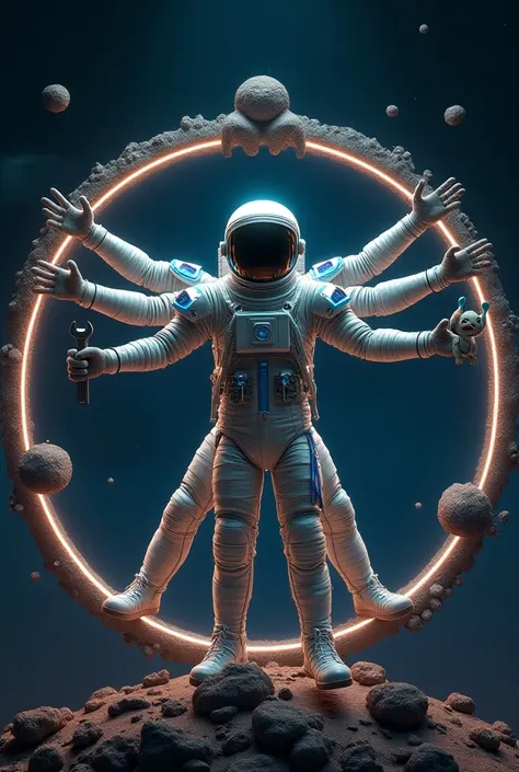 (masterpiece, hyper-realistic, 8k resolution) A striking and detailed image of an astronaut posed like the Vitruvian Man, with multiple arms and legs forming two superimposed stances within a cosmic circle of orbiting asteroids and a square outlined by sma...