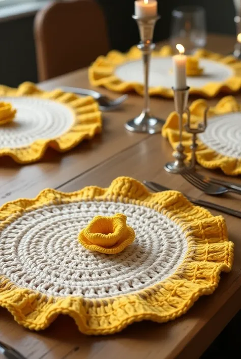 Dining table arranged with six round crochet sousplats measuring 30 cm in diameter in raw color with a ruffle in the color bright yellow and with a small crochet flower on the side against the ruffle