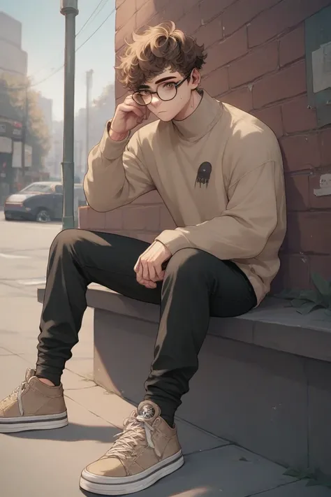 1boy, alternative boy, emo boy, twink, oval face, glasses, brown eyes, short and curly hair with bangs, dark brown hair, light brown sweater, muscular and slim body, black pants, light brown shoes, outside, following him,