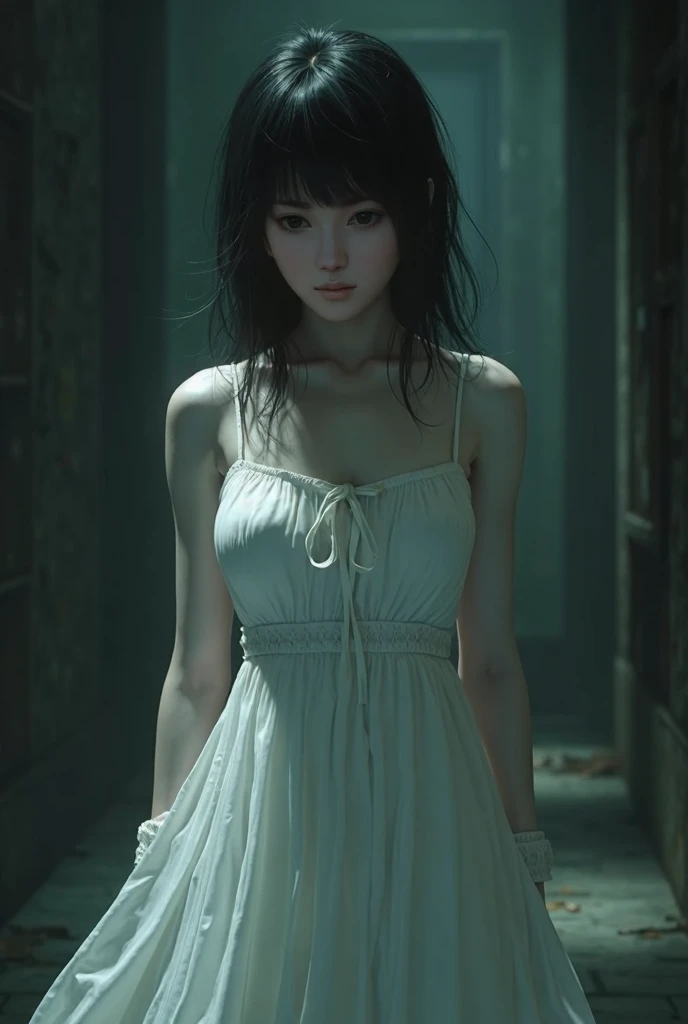 old 2000s PS2 3d horor game. Attractive video game girl inspired by Fatal Frame, with wolfcut haircut and white dress with center ribbon.