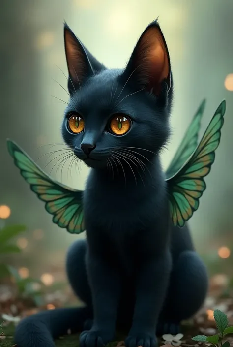  a black cat with fox ears, hummingbird wings and fox eyes 