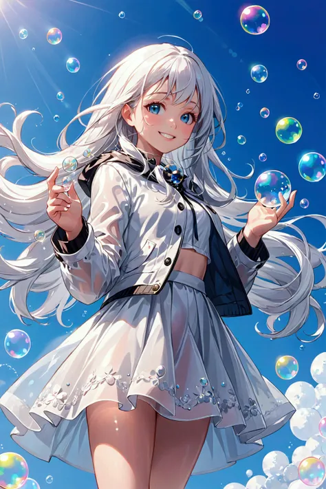 ( masterpiece ,Highest quality),( Maximum detail ),1 girl,Long hair,White hair, Blue Eyes ,Smile,fit,Transparent white sky , Put on white short coat , Put on white long skirt, with bubbles in hand , Full of floating bubbles , white background ,Small chest