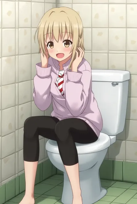 anime, young girls, black leggings, sit toilet, happy, 