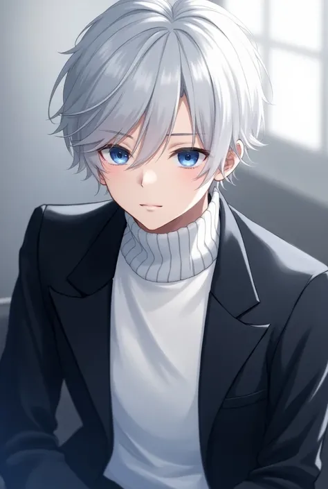 blue-eyed, white-haired male anime character sitting, elegant clothes,  white sweater ,  black jacket , fringe,  white hair ,  short hair, 