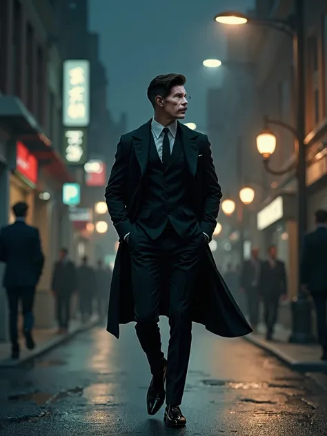 Recreate this character wearing an elegant suit walking down the street at night