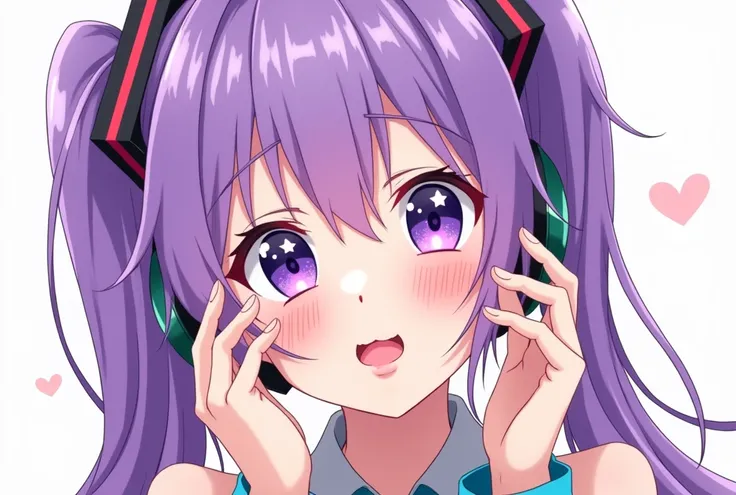 hatsune miku style, purple hair, 1girl, Blush, Open Mouth, Light Smile, Licking Lips, Simple background, Headphones, image fills the canvas, hands holding face, simple lighting, simple coloring, ruby hoshino star eyes, like beginner art