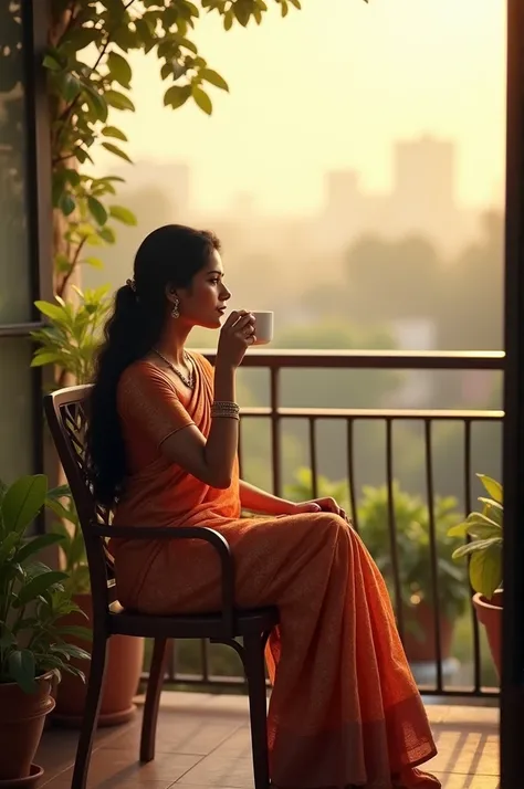 A graceful Indian woman in a traditional saree sits on a chair in a charming balcony, sipping coffee. Her expression is calm and thoughtful as she gazes at the view, surrounded by lush green plants in decorative pots. The soft, golden light of the morning ...