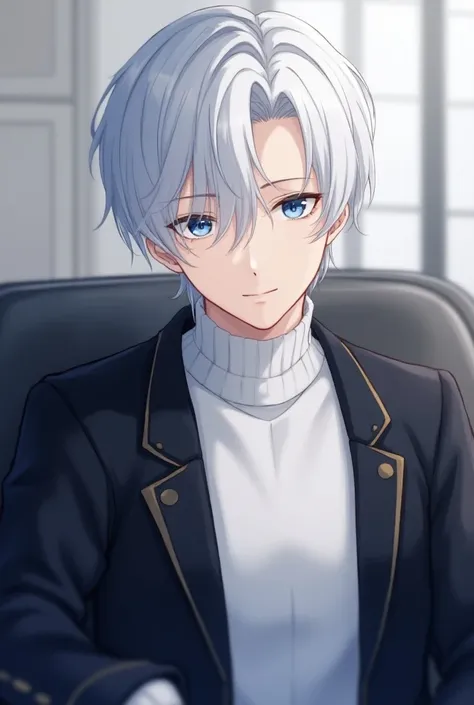 blue-eyed, white-haired male anime character sitting, elegant clothes,  white sweater ,  black jacket , fringe,  white hair ,  short hair, 