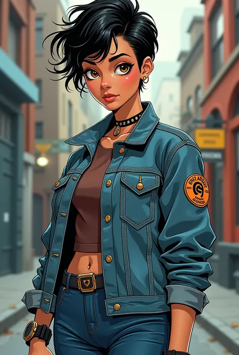 Modern comic art style, full body, Yasmine Putri aesthetic, beautiful 17-year-old girl, short tousled black hair, confident pose, hazel eyes with depth, stylized realistic features, slim athletic build. Sharp jawline, expressive eyes, natural makeup. Weari...