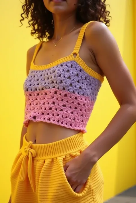 Short and tight crochet cropped in the colors bright yellow, lilac and pink