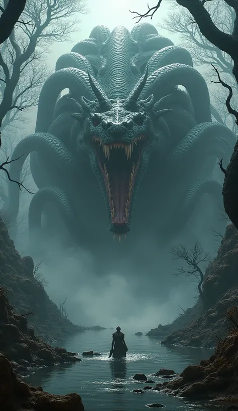 a giant multi-headed hydra monster, highly detailed, fantasy, epic battle scene, a swamp, in a dark forest, hyper realistic, dramatic lighting, cinematic, 8k, artstation, concept art, digital painting, award winning