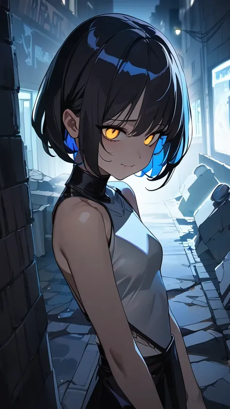 1 girl, ( cute face),  big eyes,  short hair, Prostitute,  small breasts, Light Skin, break,  creepy night town , (Cold Light:1.2), Sharp Shadow,  tense atmosphere,  break,  Ruined Streets , Broken wall, Dim Alley, Futuristic Setting, absurdres,  highres i...