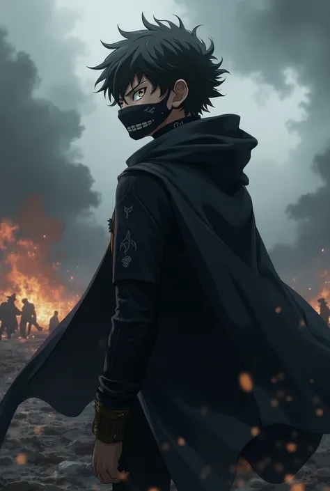 Make an image of the angry Black Clover character Asta with a black mask on his face, In union mode with a war scenario.