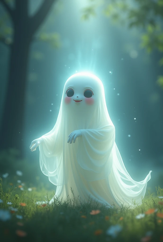 Image Prompt: The ghost expressing gratitude to Raja Farid, with a gentle smile, as rays of light surround it, indicating its release.