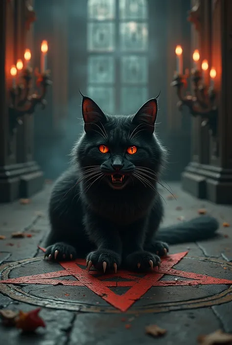 Evil demonic witch cat in Satan Church with hexagram 