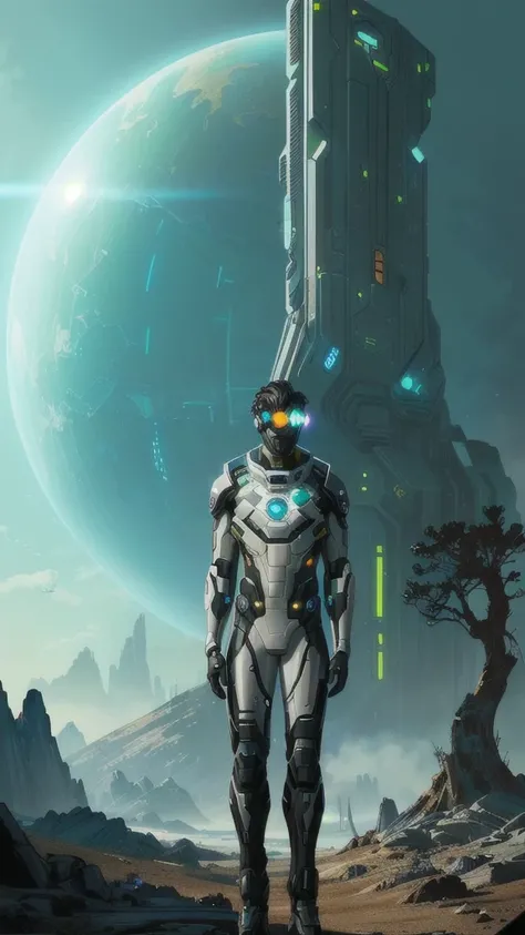 there is a man in a futuristic suit standing in front of a planet, a man black cyclop,  biopunk cyclop, scifi character, inspired by Stan Stokes, portrait of a space cyclop, dystopian sci-fi character, edgy adventure sci fi, sci - fi character, futuristic ...