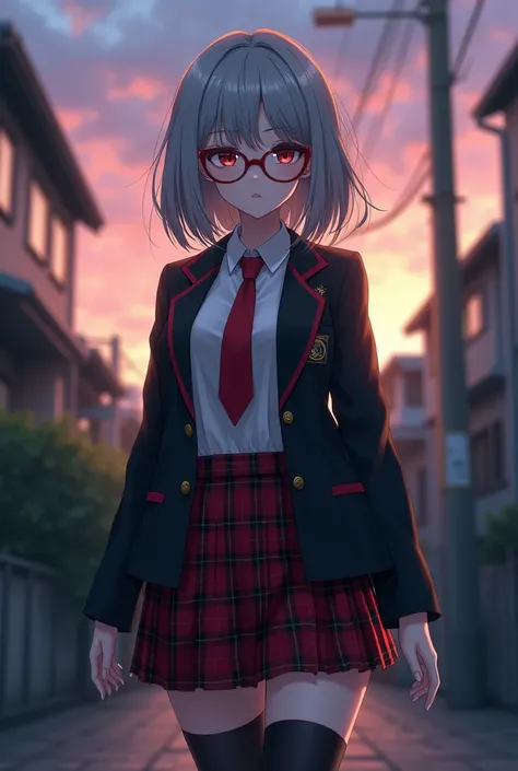 Gray Hair,Black Eyes,Pure white skin, medium hair , Beautiful Girl,Big Breasts,Big Butt,Thick thighs, Framed Red Glasses , school t-shirt , school t-shirt の上に黒色で金色のボタン付きブレザー, red tie, Plaid Skirt , black tights,Introvert, Giving the impression of being smi...