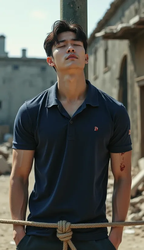 A handsome young Korean, muscular white bodybuilder, tall white, wearing a navy polo shirt, was tied to a pole with a rope in front of him, closed his eyes, his mouth open., Natural light background ,  Outside destroyed building  ,  Man with slight blood m...