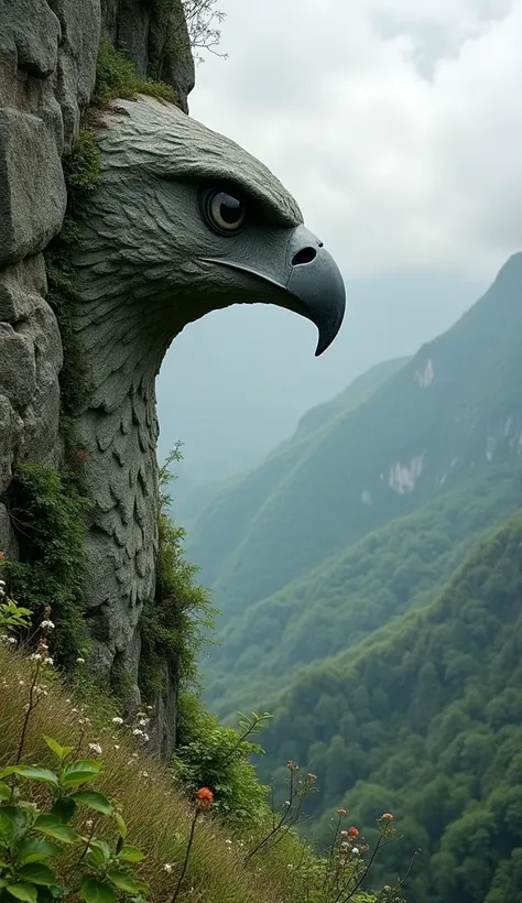 A realistic photograph of an enormous stone hawk head carved into the side of a rugged cliff, overlooking a vast green valley. The hawks sharp eyes are carved in great detail, appearing watchful and wise. Vines and wildflowers grow around the sculpture, bl...