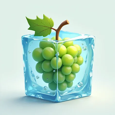 a stylized and fantasy art style logo of a green grape frozen and stuck inside of a cube of ice