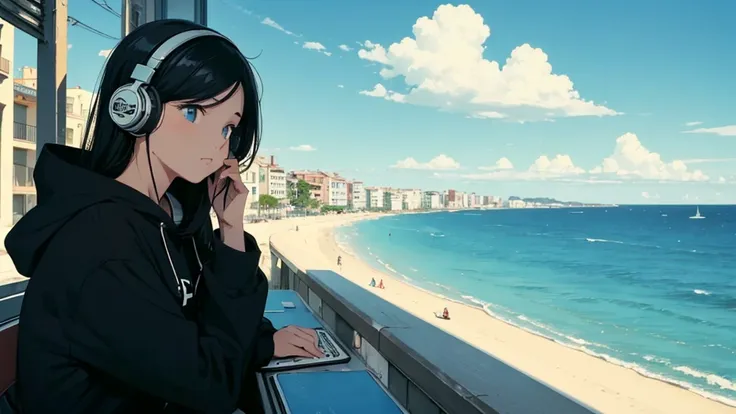 (flat color, retro, low contrast), (lofi), (1 girl, black hair, black hoodie, headphone), (cafe terrace by the sea, summer sky)