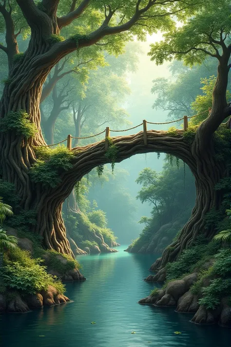 Paint a picture of a tree bridge across a river in the forest