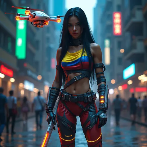 A Colombian female warrior stands facing forward with long straight black hair and is wearing a sci-fi costume with a Colombian flag print and LED lights. Holding a white sci-fi machete with rainbow LED lights, a drone with a Colombian flag print and LED l...