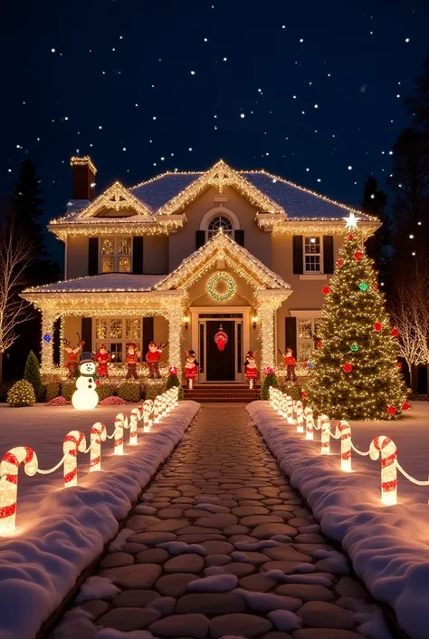 “Design an exterior Christmas decoration for a large house that evokes a magical holiday scene. Include warm white and multicolored lights draped across the roof and windows, a large illuminated wreath on the front door, and a pathway lined with glowing ca...