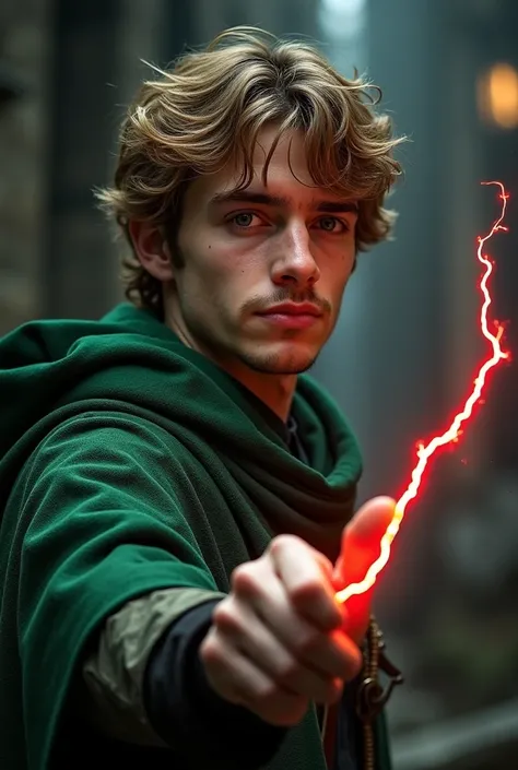 A young man wearing a green cloak, with a serene expression, a red lightning come out of his left hand. He has oval face, messy golden brown hair, almond-shape silver eyes and thin stubble. Let his hair fall slightly on his forehead. a dark castle backgrou...