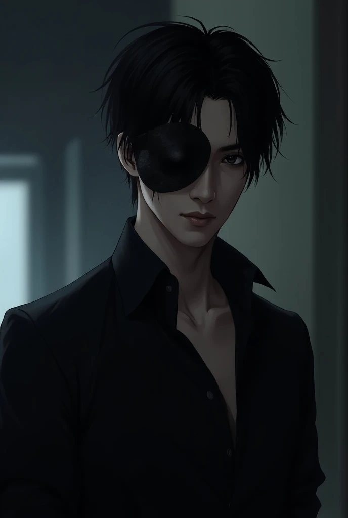 Make me a fanart ,guy in black shirt ,black hair, masked in left eye