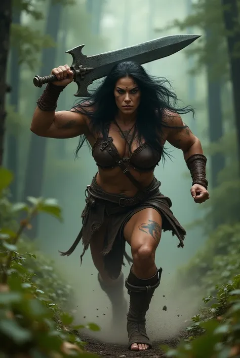 Realistic, Goliath barbarian woman DND, long black hair, solid white eyes, tribal face tattoos, muscular, light leather armor, running into battle, great sword held high over head, forest background, rage