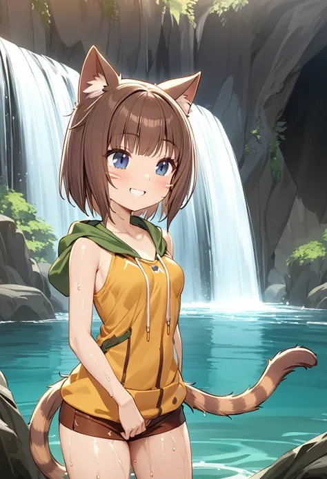 Best Quality、  one girl playing pranks、Slender body、  small breasts、  shiny brown hair 、 3 red whiskers pattern 、  short bob、 Cat ears and tail、 dark blue eyes、light brown skin、Proud look、green hooded travelers clothes、Brown hot pants、cave、Waterfall water、...