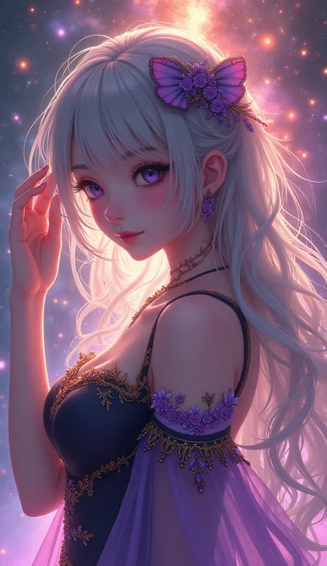  beautiful anime artwork 、 big breasts at the temple、Gray Hair、 cute anime girl silhouette 、 Double Exposure 、 Iridescent Nebula Galaxy 、 red background 、Brilliant strong brilliance、Bloom、2.5D、Artistic、front、 costume with gold and purple embroidery on blac...