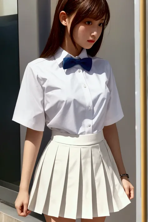 High school girl, white shirt, tiny pleated skirt