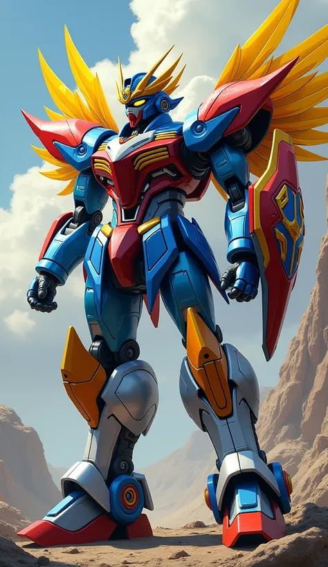 A bold robot in blue, red, and white with yellow accents, inspired by Filipino legends such as the Sarimanok (mythical bird). It has small wings for rapid jumps and a plasma sword and shield, with tribal designs across its armor.