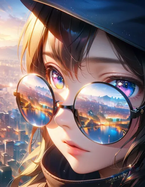  Award-winning animated illustration taken with a macro shot with womens glasses ,  close-up images of eyeglass lenses 。You can see the reflection of the glasses , (( captivates viewers with a realistic depiction ):1.5), sparkling and enchanting eyeglass l...